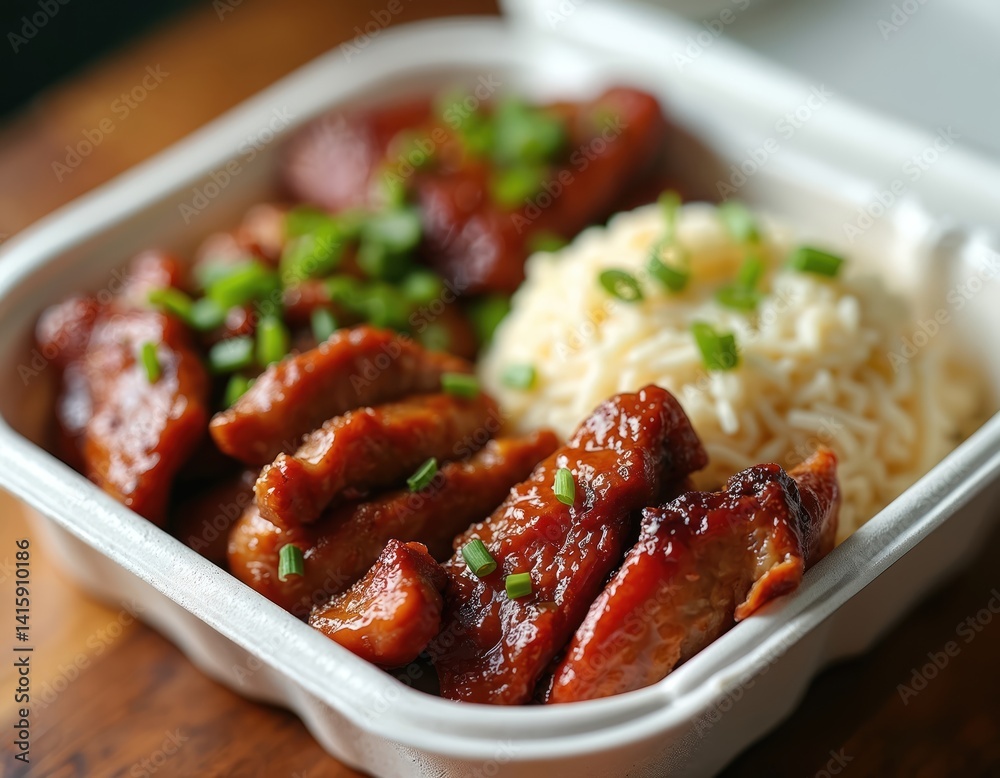 Delicious Hawaiian BBQ take out meal with rice. Food in disposable container, mix of barbecue meats. Takeaway lunch, restaurant delivery service, convenient for quick meals. Freshly cooked. Popular Delicious Hawaiian BBQ take out meal with rice. Food in disposable container, mix of barbecue meats. Takeaway lunch, restaurant delivery service, convenient for quick meals. Freshly cooked. Popular