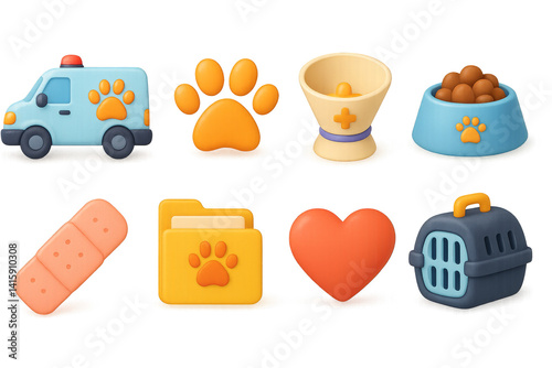 3D cartoon pet icons set: ambulance, paw, collar, food, bandage, files, heart, carrier