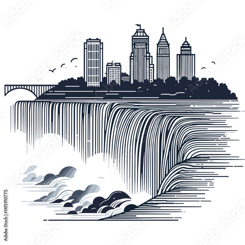 Stylized illustration of Niagara Falls with city skyline in minimalist design
