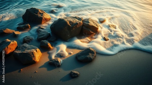 Coastal Rocks: Serene Sunset, Ocean Waves Embrace Dark Stones