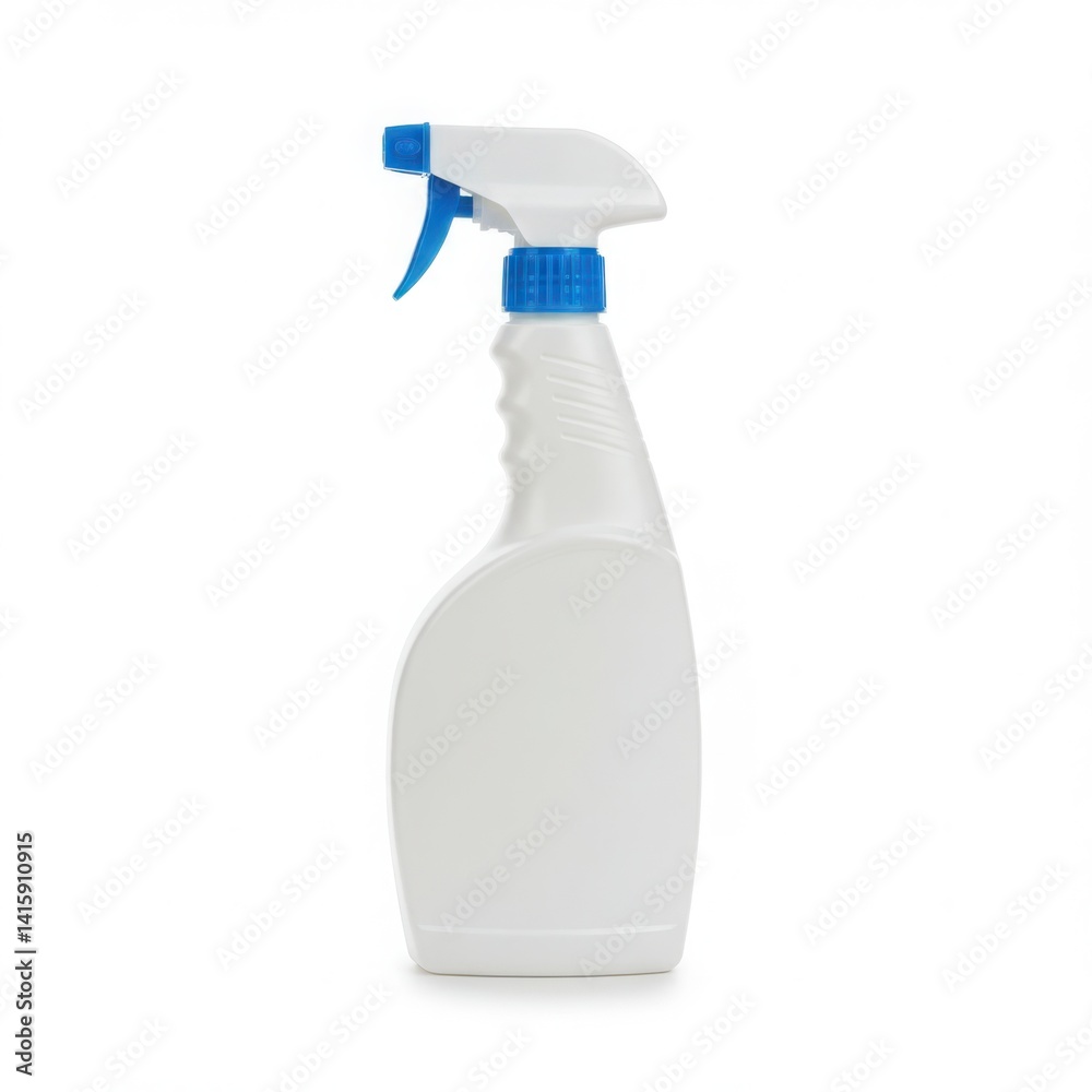 A white plastic spray bottle with a blue nozzle and trigger top isolated on white background A white plastic spray bottle with a blue nozzle and trigger top isolated on white background