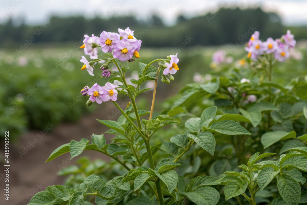 A field of purple colored flowering potatoes with green leaves A field of purple colored flowering potatoes with green leaves