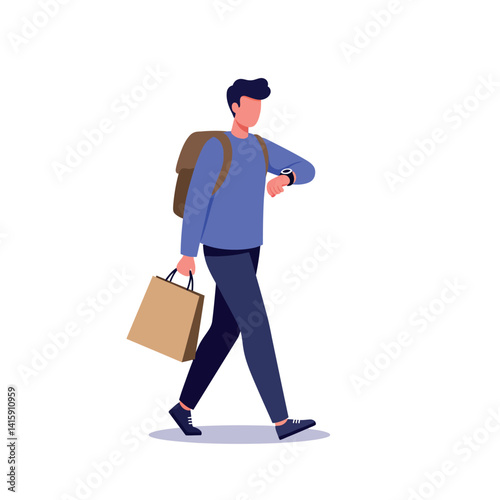 Young man walking with backpack and paper shopping bag checking wristwatch in flat modern vector illustration