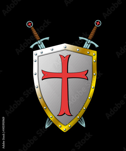 Ein Ritterschild mit rotem Kreuz und zwei gekreuzten Schwertern im Hintergrund.
