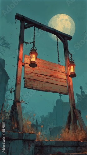Lanterns Illuminate a Weathered Sign in a Desolate Graveyard Under a Full Moon