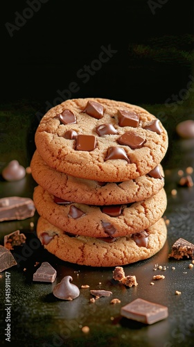 Delicious Stack of Chocolate Chip and Cocoa Cookies With Rich Textures and Co...