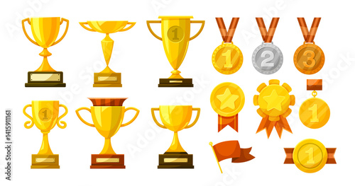 Collection of gold trophies, medals, and award badges in cartoon style on white background. Concept of victory, success, and achievement. Vector illustration
