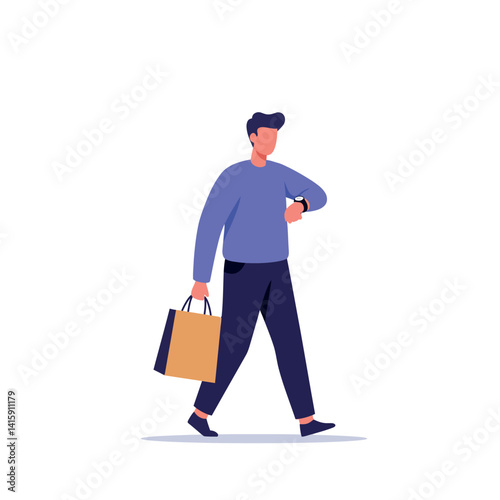 Young man walking with shopping bag checking time on wristwatch flat minimal vector illustration