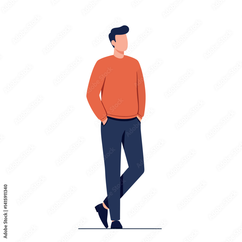 Young man standing casually with hands in pockets wearing orange sweater and dark pants flat design vector illustration Young man standing casually with hands in pockets wearing orange sweater and dark pants flat design vector illustration
