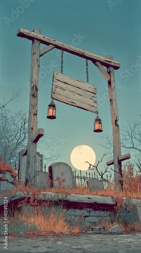Lanterns Illuminate a Wooden Sign in a Mysterious Graveyard at Night Under a ...