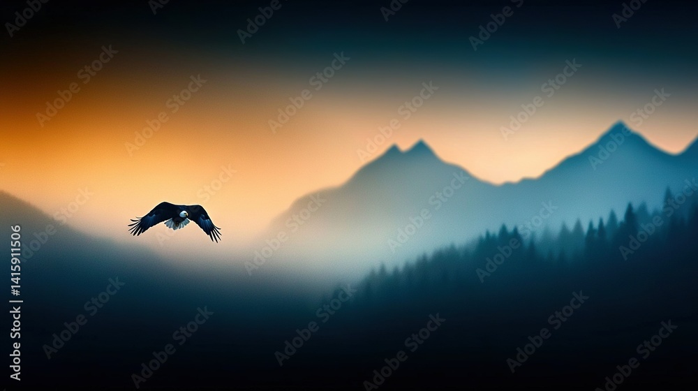 Fototapeta premium A bird flying over a forested mountain range at sunset