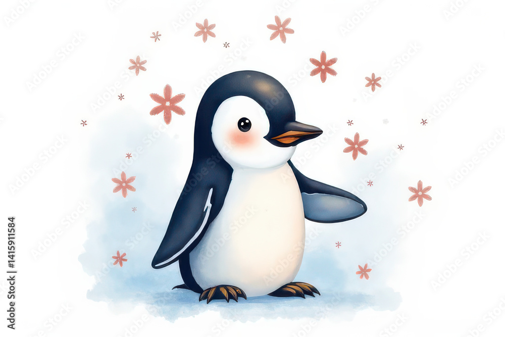Obraz premium Artistic Watercolor Penguin with Floating Pastel Snowflakes - Whimsical Close-Up Composition