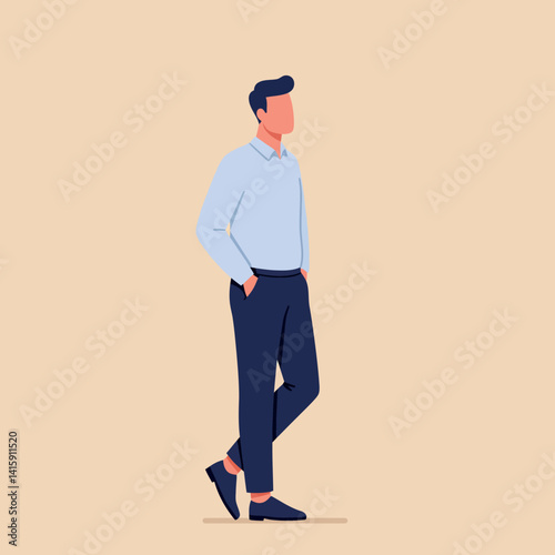 Young man standing relaxed with hands in pockets wearing casual shirt and trousers flat design vector illustration