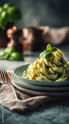 Enjoying trofie pasta with fresh Genoese pesto and basil