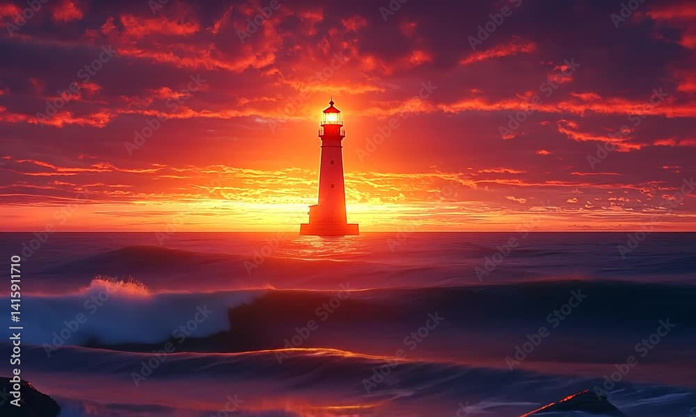 A stunning sunset view behind a lighthouse, casting vibrant colors over ocean waves A stunning sunset view behind a lighthouse, casting vibrant colors over ocean waves