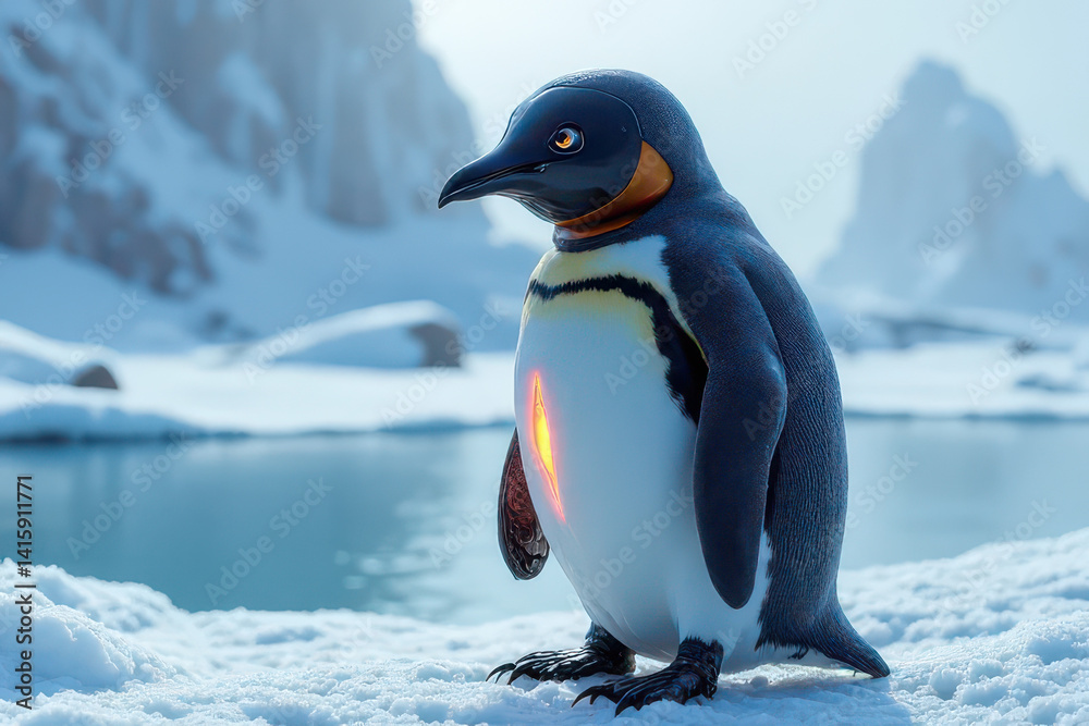 Fototapeta premium Robotic Penguin Guards Futuristic Arctic Base: Ultra-Detailed Sci-Fi Scene