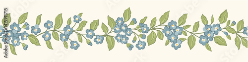 Delicate forget me not flower trellis horizontal vector seamless border pattern. Vintage romantic spring garden cottagecore garland print for decor, classic textiles.
