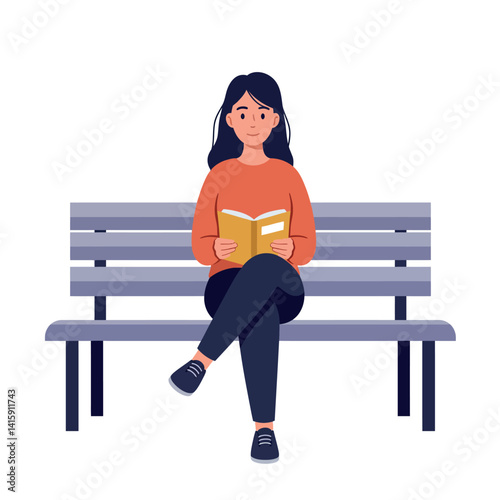Young woman sitting on park bench reading book in casual clothes flat design vector illustration