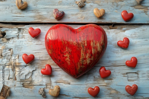 Red Wooden Heart Surrounded by Small Hearts on Weathered Blue Wooden Surface