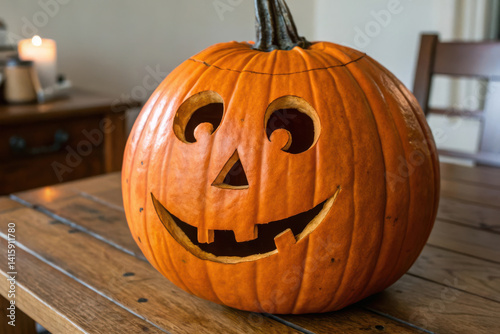A carved pumpkin with a smiley face on it sits on a wooden table