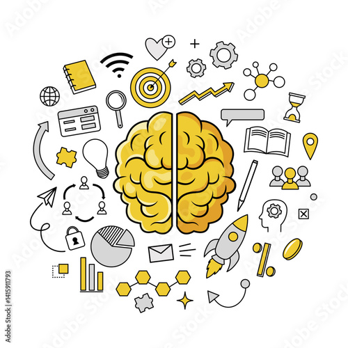 Yellow brain surrounded by business, technology, and creative icons in flat graphic style on white background. Concept of innovation and thinking. Vector illustration