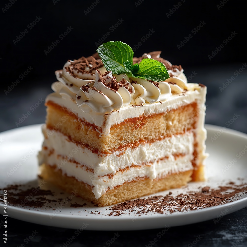 Elegant Dessert Slice Topped with Cream and Mint Leaves Elegant Dessert Slice Topped with Cream and Mint Leaves