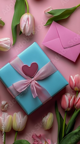 Beautiful Gift Wrapped With Bow and Surrounded by Flowers on a Pink Background