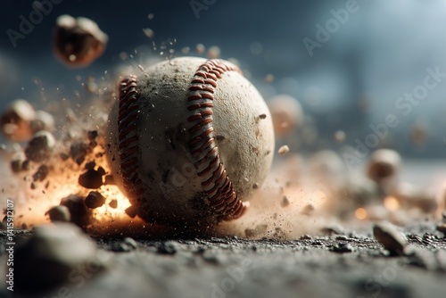 Baseball Soaring Through Dust Clouds During an Intense Game in a Well-Lit Sta...