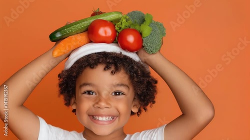 Cheerful boy happily balances an assortment of fresh vegetables on his head, showcasing healthy eating for kids. This playful activity highlights the joy of nutritious food.