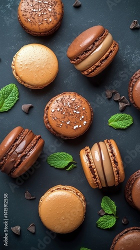 Colorful Assortment of Macarons With Chocolate and Mint on a Dark Background