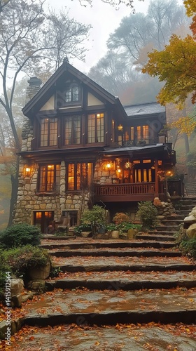 Enchanted Stone House Surrounded by Autumn Foliage in a Misty Forest Setting