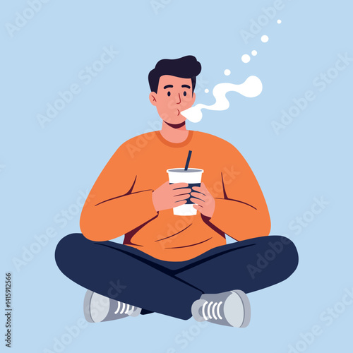 Young man in orange sweater sitting cross-legged drinking hot beverage with steam rising minimal flat vector art