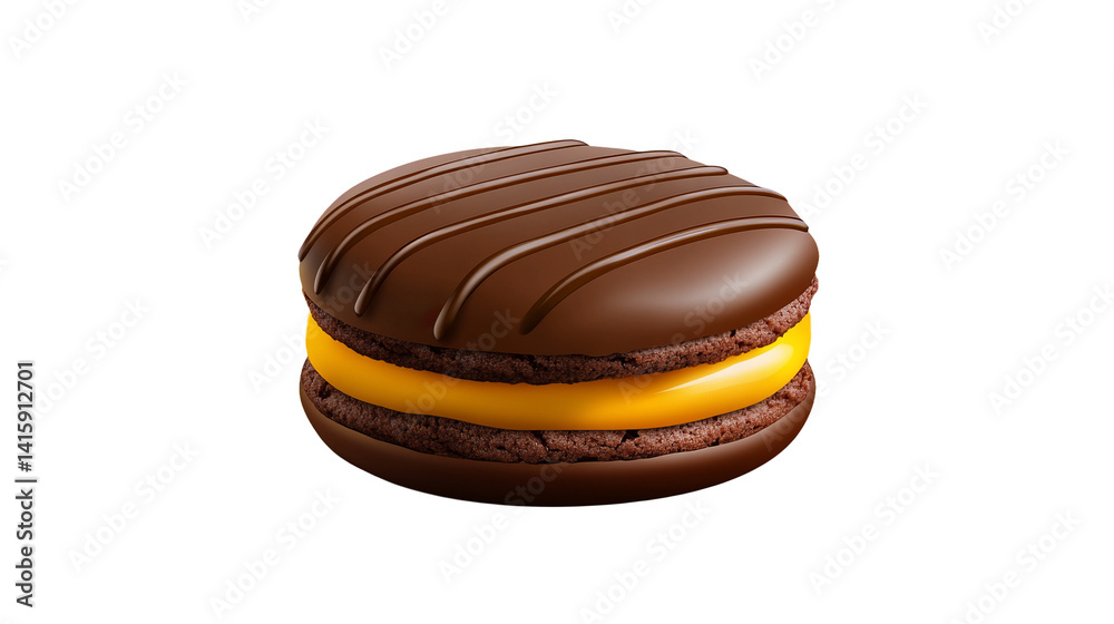Chocolate sandwich cookie is filled with yellow cream and topped with chocolate stripes against a plain black backdrop. Chocolate sandwich cookie is filled with yellow cream and topped with chocolate stripes against a plain black backdrop.