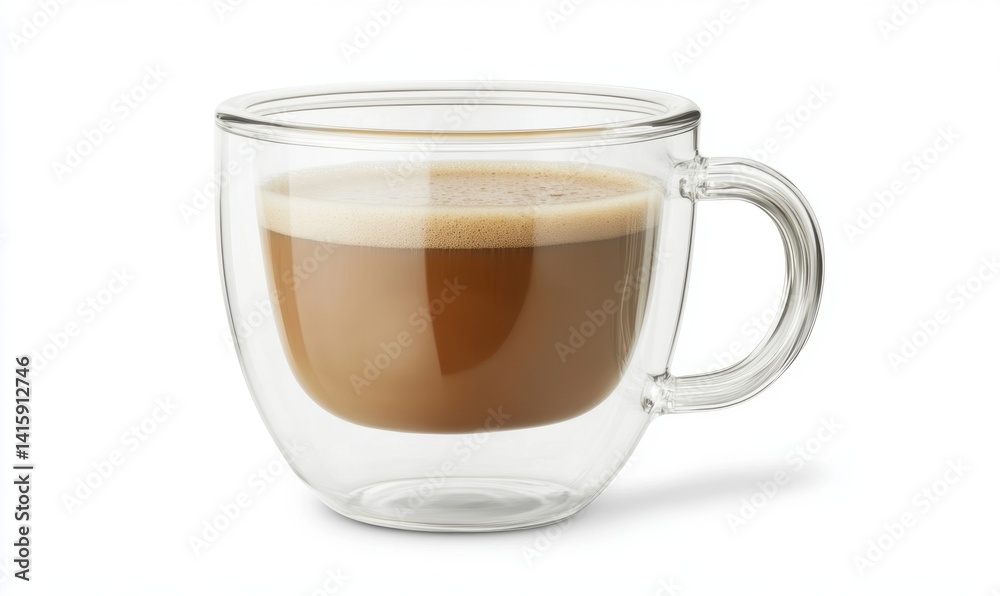 Double-walled glass mug of cappuccino, isolated on white background; ideal for cafe menus or coffee websites