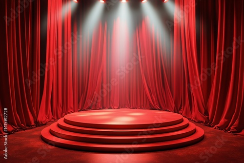 Vibrant Stage Setup With Red Curtains and Dramatic Lighting in a Theater Space