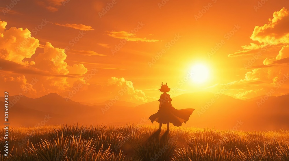 Fototapeta premium Sunset Silhouette: Girl in Golden Meadow, Warm Artistic Landscape