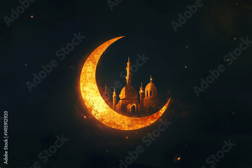 A beautiful crescent moon features a majestic castle nestled in its center