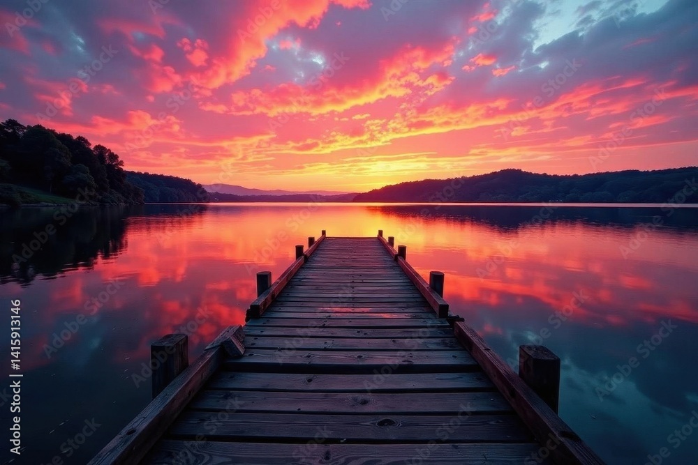 Rustic wooden dock extends into still river, vibrant sunset hues , picturesque, scenic, twilight Rustic wooden dock extends into still river, vibrant sunset hues , picturesque, scenic, twilight