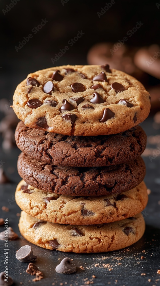 Delicious Stack of Chocolate Chip and Cocoa Cookies With Rich Textures and Contrasting Colors Delicious Stack of Chocolate Chip and Cocoa Cookies With Rich Textures and Contrasting Colors