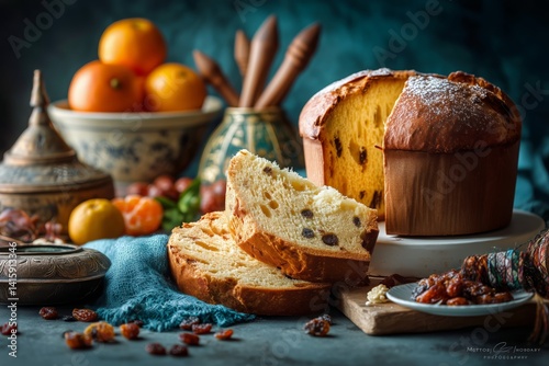 Freshly Baked Bread With Raisins and Fruits Arranged on a Table in a Cozy Kit...