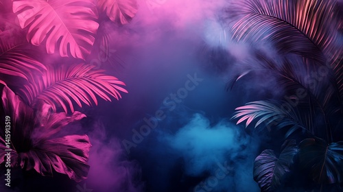 Vibrant Tropical Palm Leaves with Misty Background