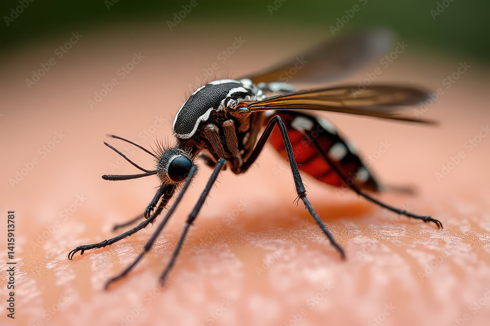 Obraz premium Extreme Macro Mosquito on Skin: Vivid Body Texture & Delicate Wings in Natural Lighting