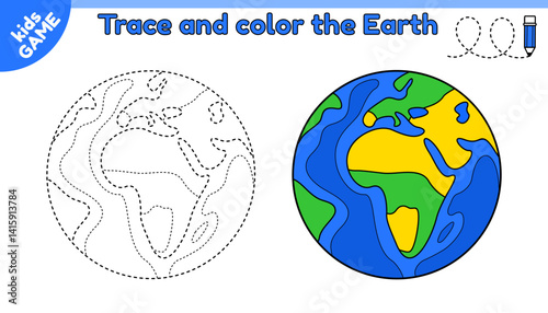 Space educational kids game. Trace and color. Connect dotted lines. Draw planet the Earth. Handwriting practice worksheet. Writing page for education children. Activities book. Vector illustration.