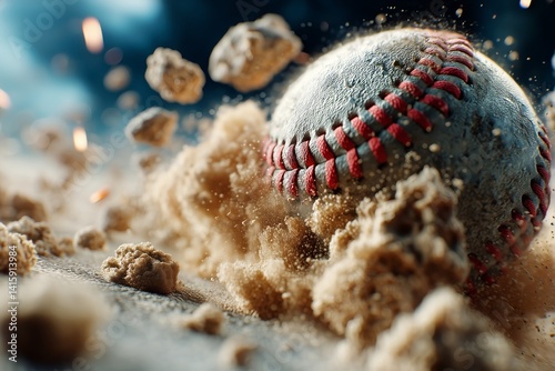 Baseball Soaring Through Dust Clouds During an Intense Game in a Well-Lit Sta...