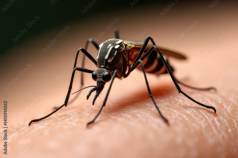 Fototapeta premium Close-Up of Mosquito on Human Skin: Detailed Macro View of Skin Pores and Hair