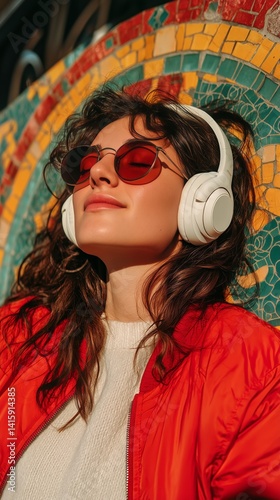 Young Woman Enjoying Music in Vibrant Urban Area During Sunset With Colorful ...