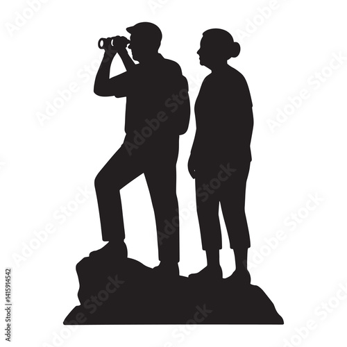 Black vector silhouette of two elderly people standing on a cliff, one looking through binoculars. Simple minimalistic style isolated silhouette on white background. Travel.