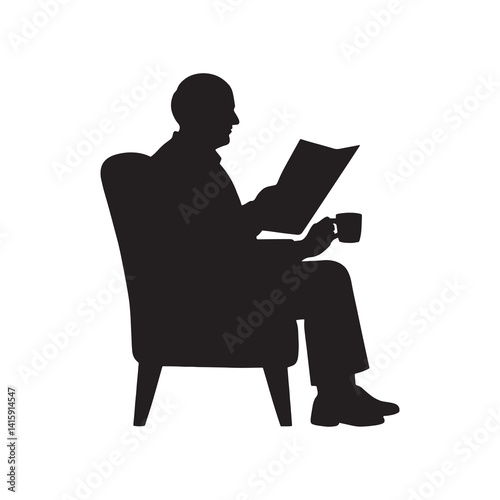 Black vector silhouette of an elderly man sitting in an armchair with a newspaper and cup. Simple minimalistic style isolated silhouette on white background.