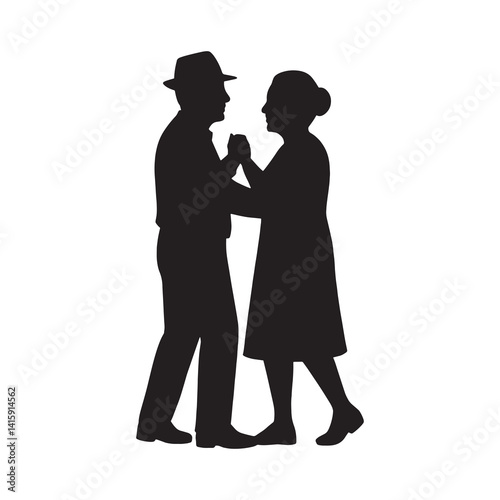Black vector silhouette of an elderly couple dancing together. Simple minimalistic style isolated silhouettes on white background.