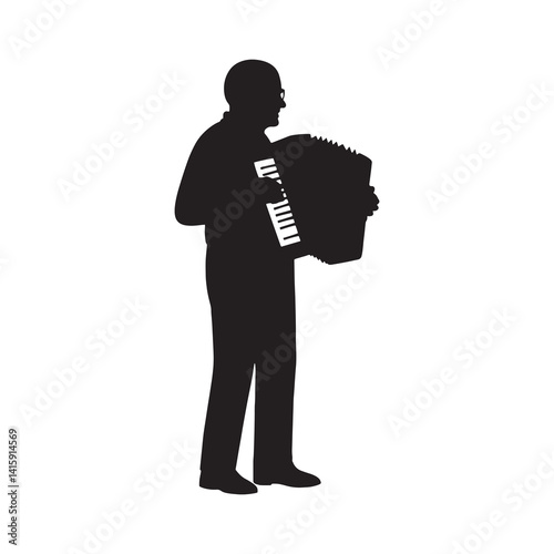 Black vector silhouette of an elderly man playing the accordion. Simple minimalistic style isolated silhouette on white background.
